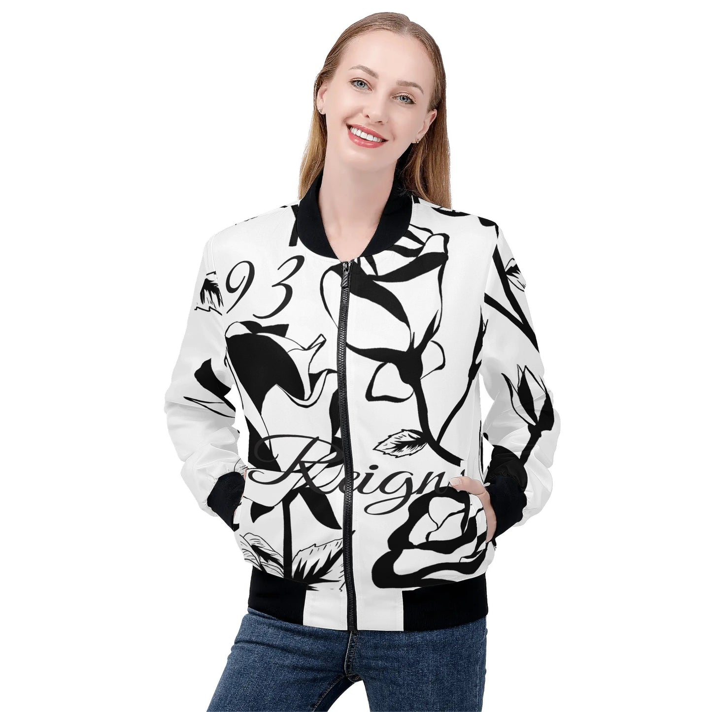 Womens Zip Up Print Bomber Jacket